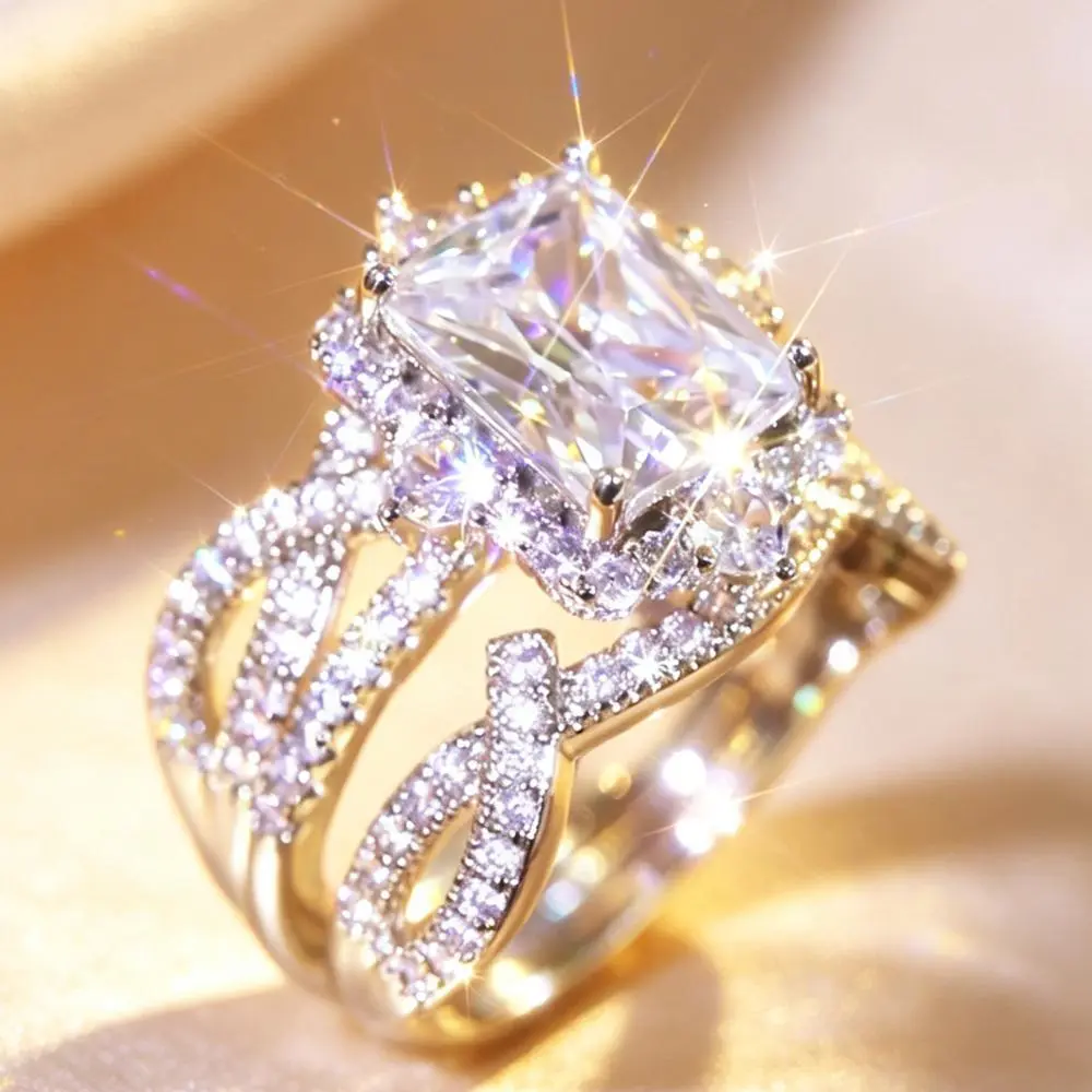 Emerald Cut Bridal Ring Set, Gold Tone with Halo & Twisted Band, Two Piece Stackable Wedding Engagement Ring