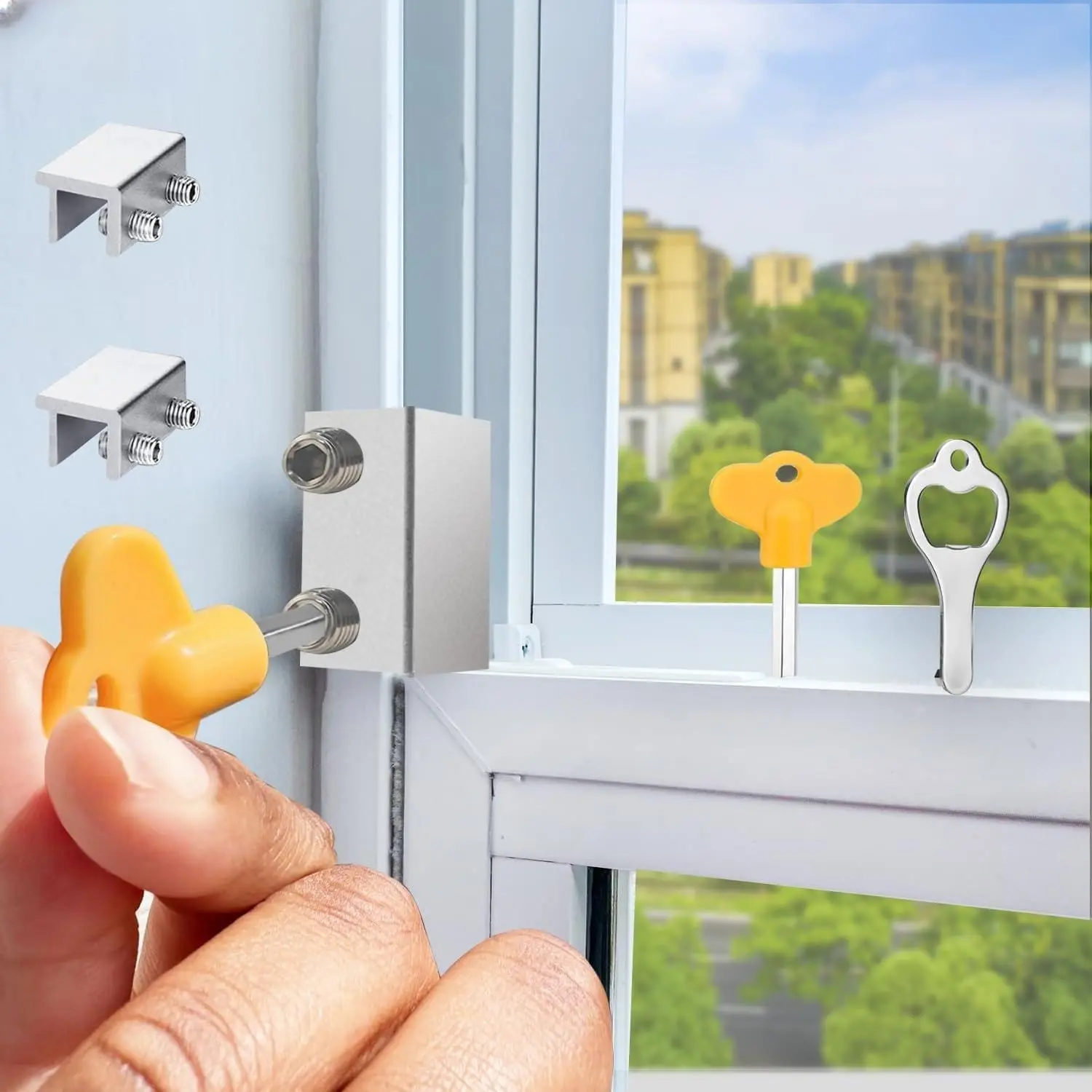 2 Sets Adjustable Aluminum Window Security Locks Easy to Install for Up and Down Vertical Window AC Unit Silver Window Stopper