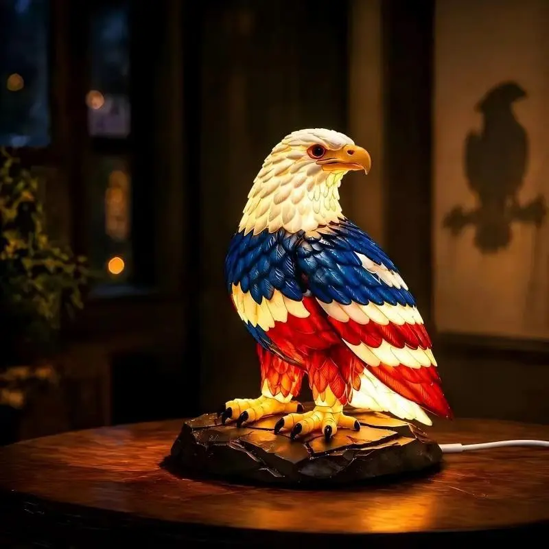 American Patriotic Eagle Lamp, Vibrant Resin Bird Statue, Desktop Night Light, Artistic Decor for Living Room or Bedroom, Ambient Night Lamp