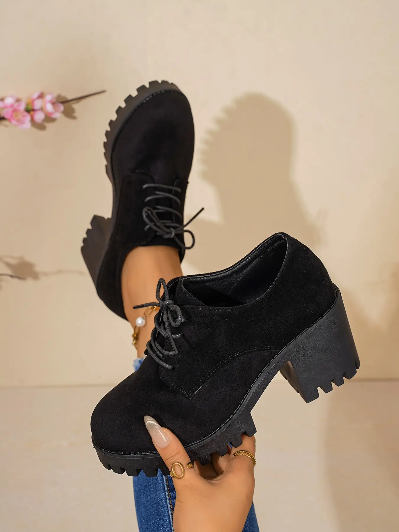 New Vintage Matte Velvet Platform Shoes for Women, Strap Thick Heel Slimming Casual Leather Shoes, Spring Fall Daily Commute Shoes, Platform Heels