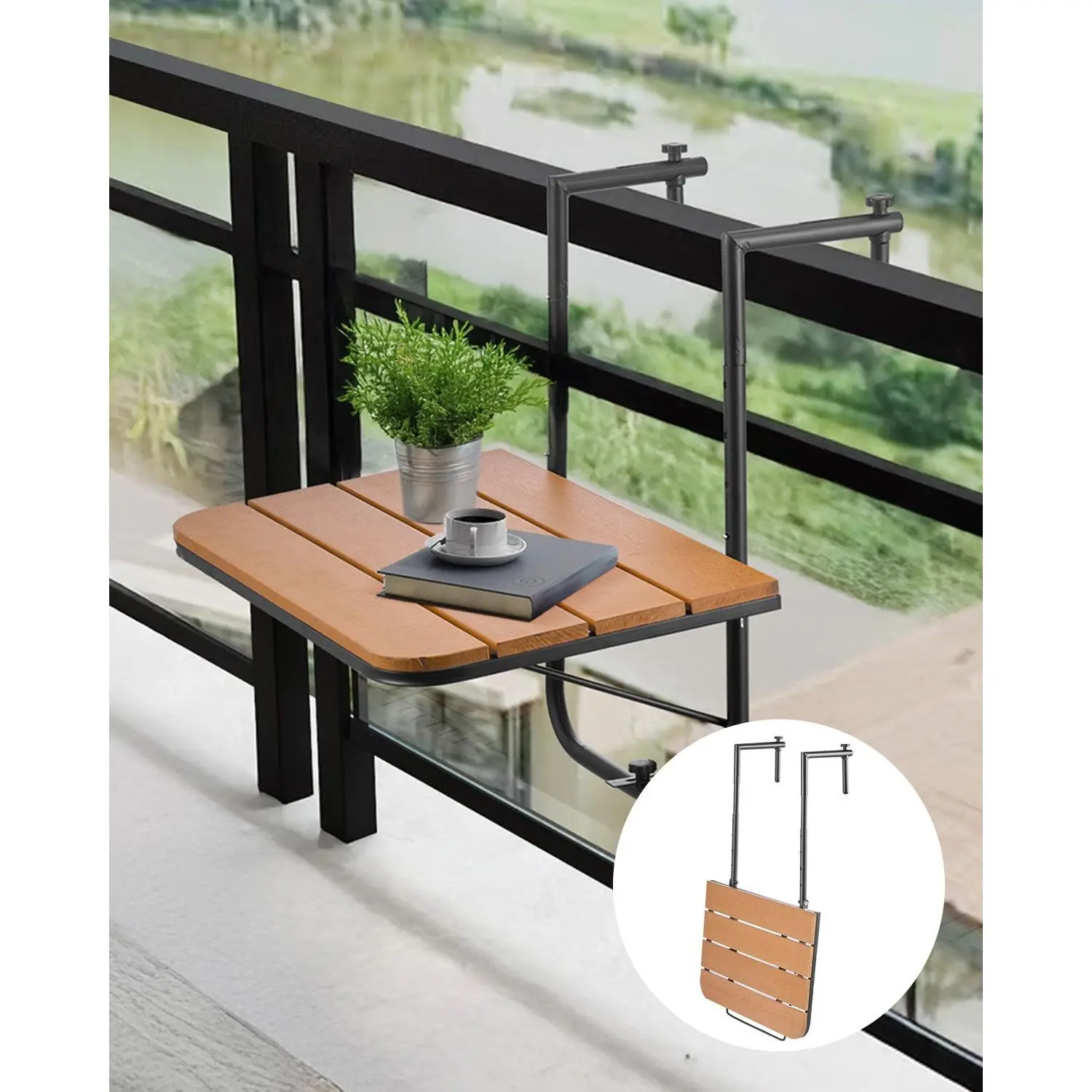 VEVOR Balcony Hanging Table, 25x 24 in Folding Balcony Railing Table, Outdoor Balcony Bar Table for Railings, 4-Level Adjustable, Fit Railing from 1" to 8.27", Serving Table for Patio Deck