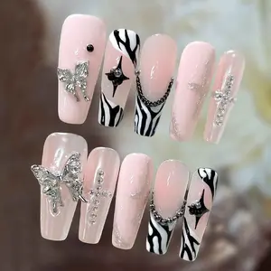 2k Style Nail Art Kit, 10 Pcs French Zebra Pattern Press-On Nails, Magic Mirror Powder Design, Butterfly Rhinestones, Includes Jelly Glue & File