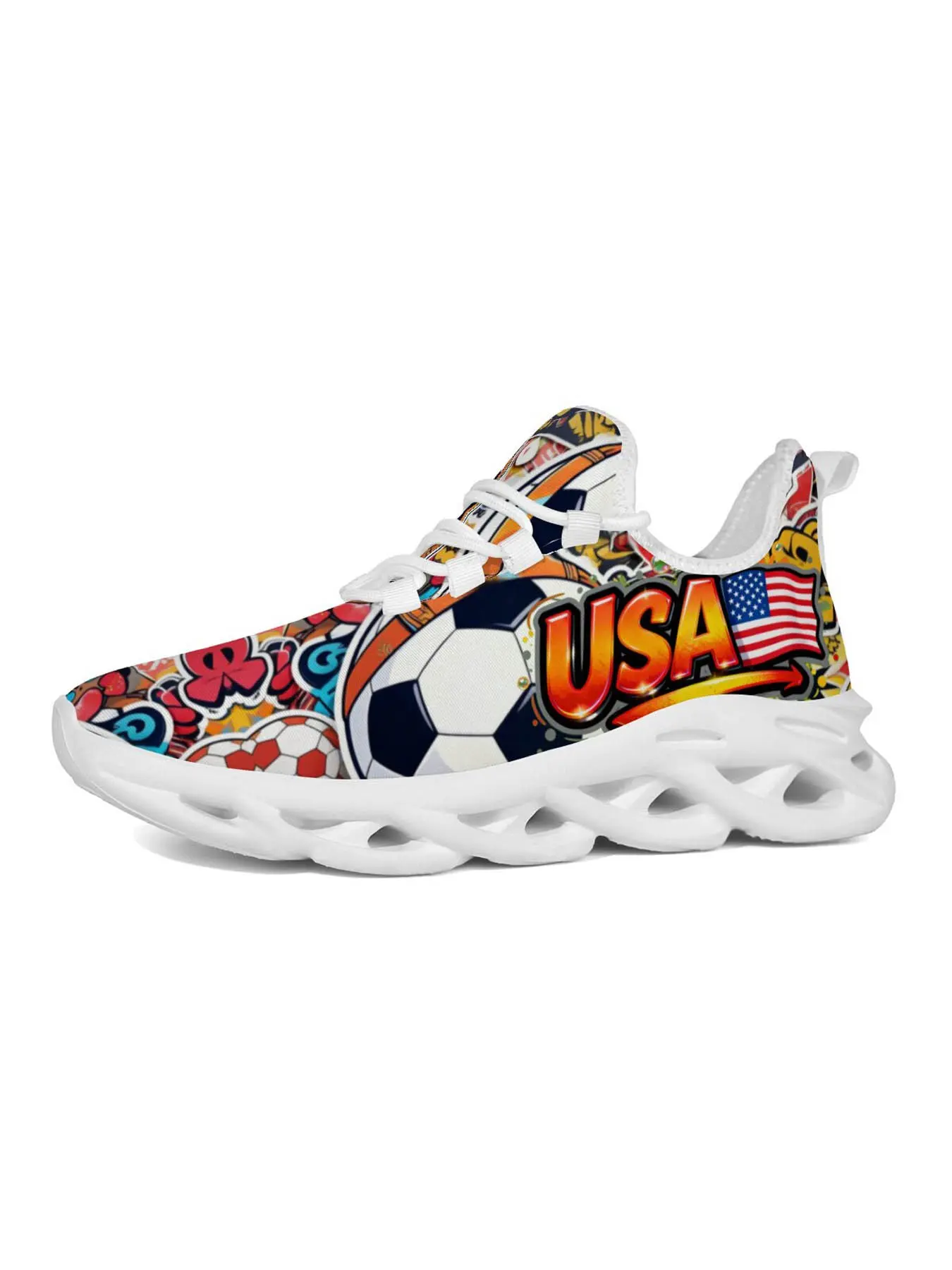 Girls' American Theme Running Shoes, Patriotic Sports Style, Usa Flag Print, Comfortable Breathable, Classic Art Design, Outdoor Essential