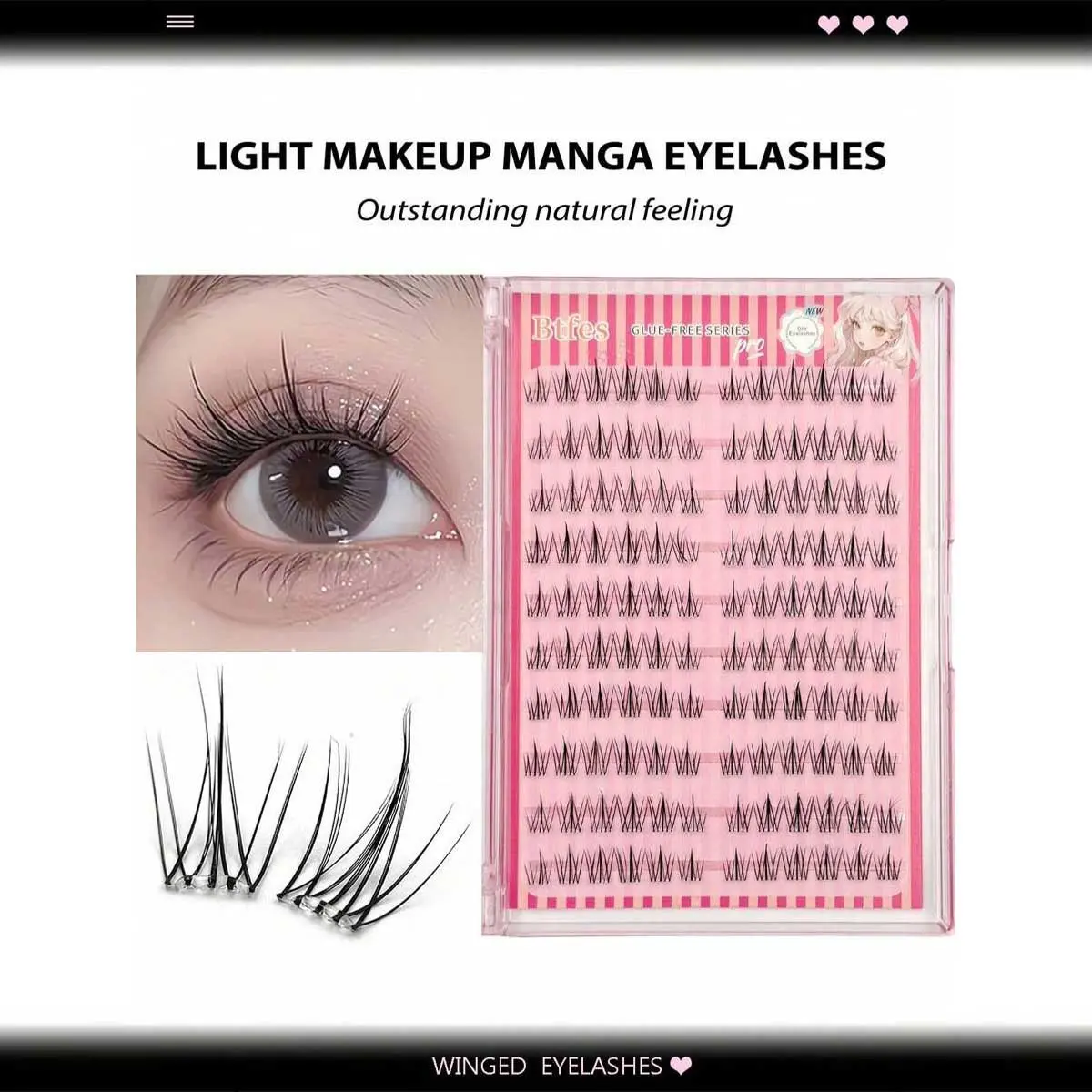 120 Pcs Glue-Free Manga Style False Eyelashes, Self-Adhesive Airy D Curl, Transparent Thin Strip, Natural Look, Reusable, Easy Application