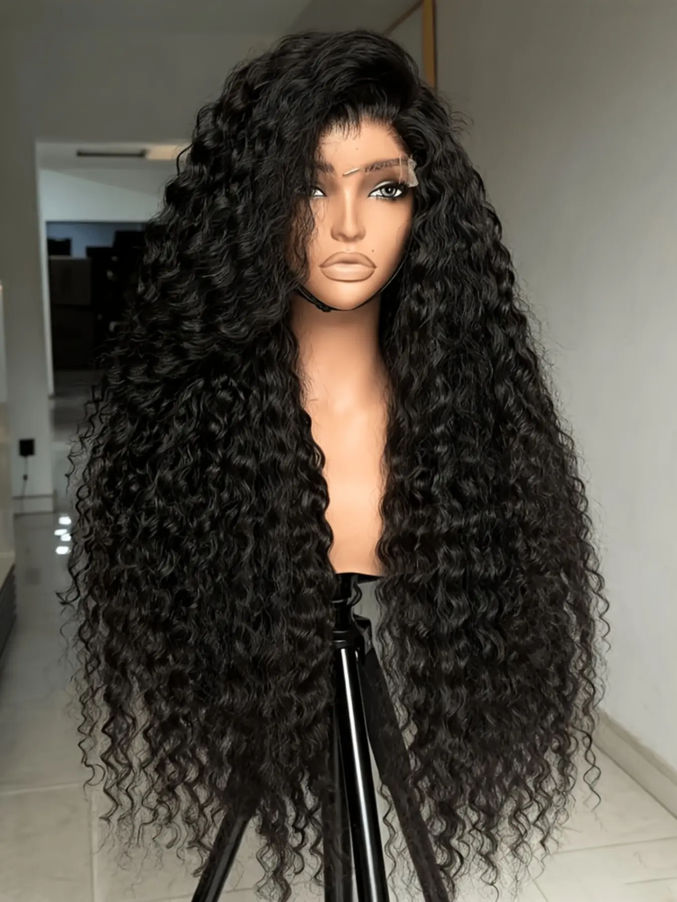 Soft Long 26 Inch 180 Density Natural Black Afro Kinky Curly Deep 13x4 Front Lace Wig, Glueless Pre-Plucked Heat Resistant Synthetic Daily Wear Wig