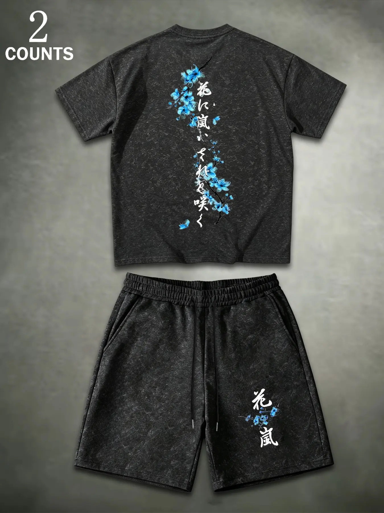 Men's Two-Piece Set, Short Sleeve T-Shirt and Shorts, Japanese Style Blue Cherry Blossom Print, Loose Fit, Summer Streetwear