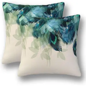 Watercolor Peacock  Pillow Covers 18 x 18 Set of 2 Green and Teal Throw Pillow Cover  Decorative Pillowcases   Decor for Couch Bed Sofa Outdoor