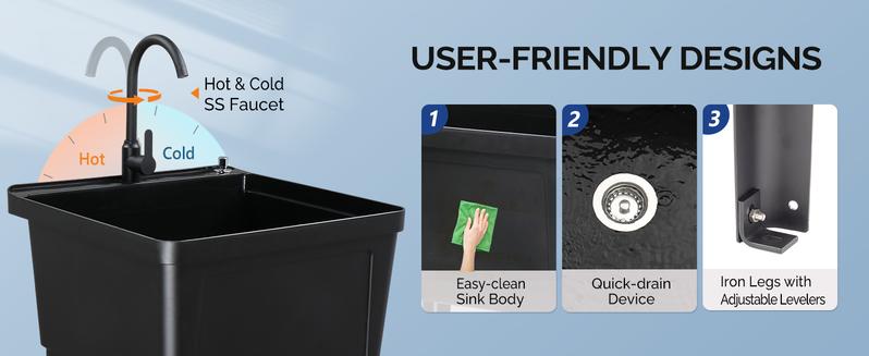 ROVSUN Plastic Utility Sink, Freestanding Sink with Hot&Cold Faucet, Soap Dispenser, Drain Plug and Iron Legs with Storage shelf, Perfect for Basement, Laundry Room, Garage, Black 23.6"×23.6"×36.2"