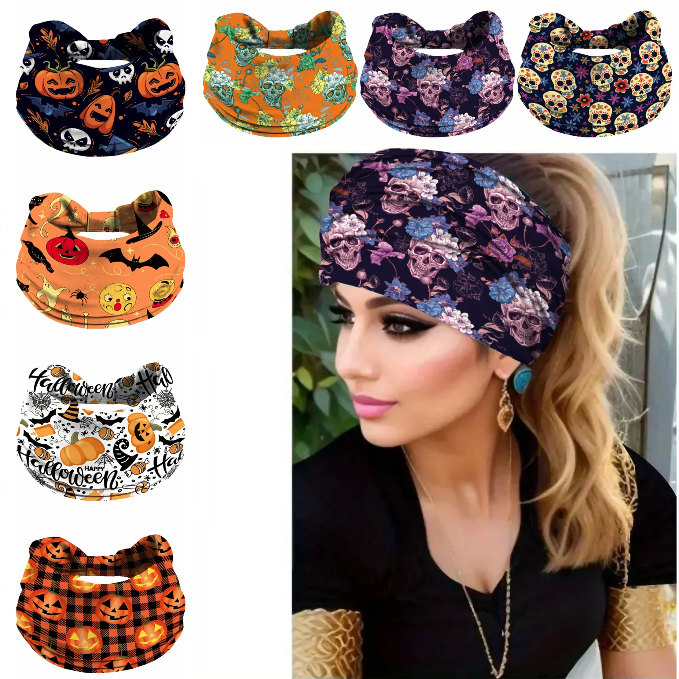 Headbands for Women, Vintage Skull & Pumpkins Style, Sweat Absorbing with a Stretchy Fit for Halloween Night and Party Costumes