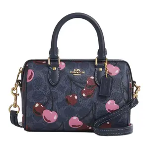 COACH Rowan 17 Leather Cylinder Bag for Women – Cherry Print Logo, Crossbody and Shoulder Carry, Blue