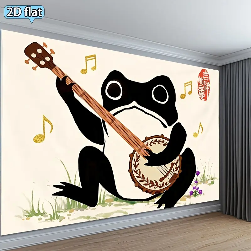 2D Flat, 1pc Lucky Frog Music Banner Tapestry - Horizontal Wall Hanging with Cartoon Frog Playing Banjo & Music Notes, Skin Fabric Suitable for Room Decor, Frog-Themed Decoration, 2D Flat