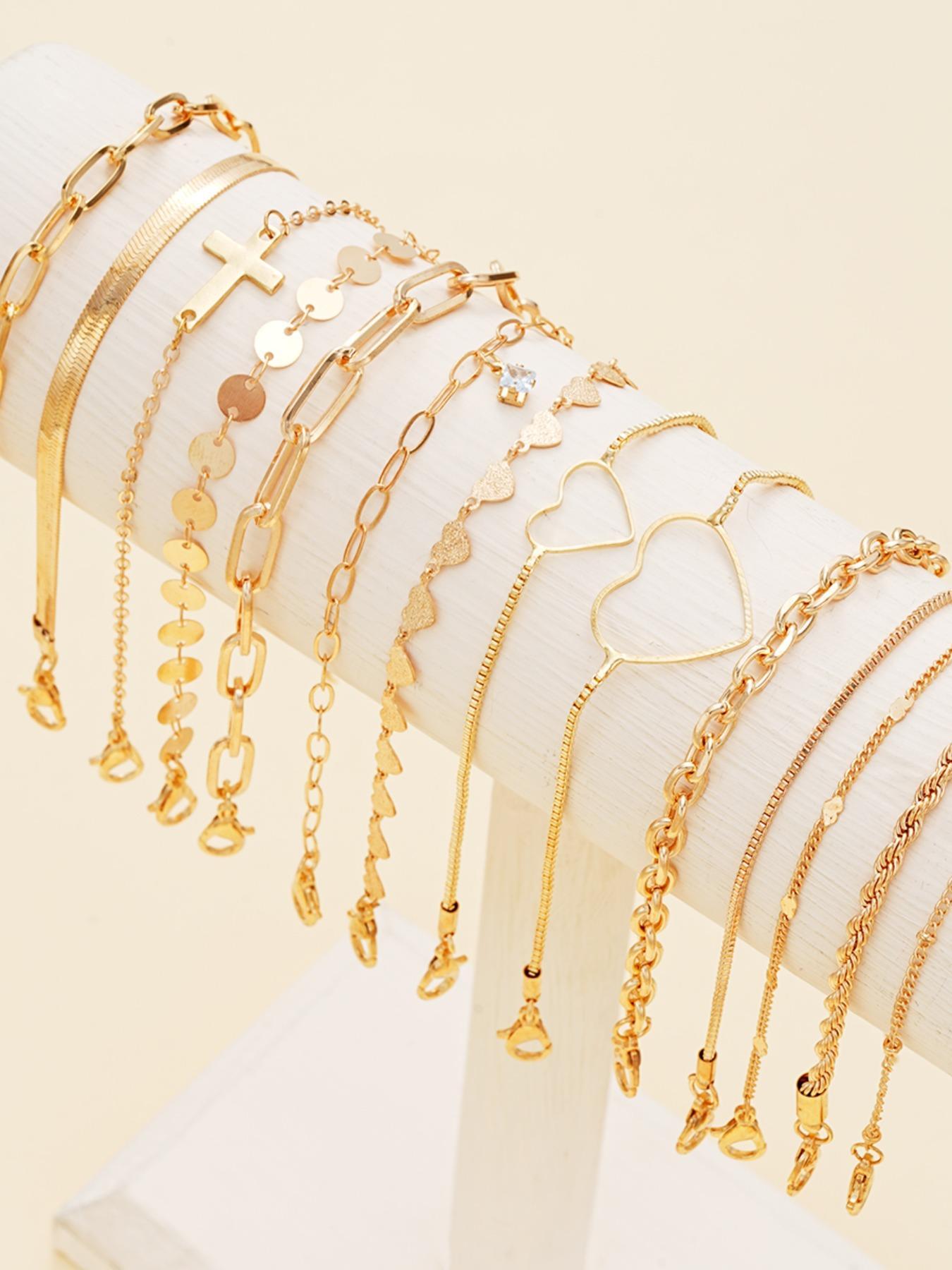 Women's Elegant Stackable Bracelets Set, 14pcs/set Cross & Heart Design Link Bracelet & Chain Bracelet, Fashion Casual Trendy Jewelry for Party, Daily Decor, Trendy All-match & Exquisite Jewelry for Birthday Gift