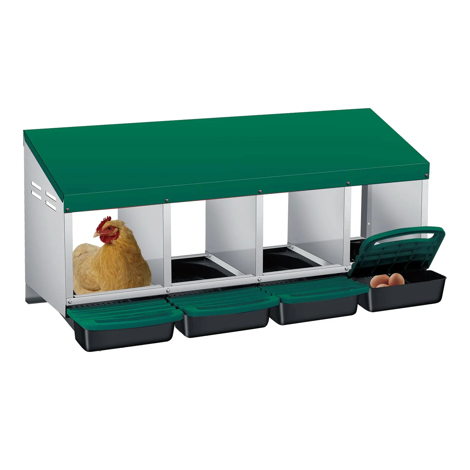 4 Compartment Stainless Steel Chicken Nesting Boxes, Roll Away Egg Design, Pull-Out Trays, Easy Install & Clean, Hen Roosting Laying Box