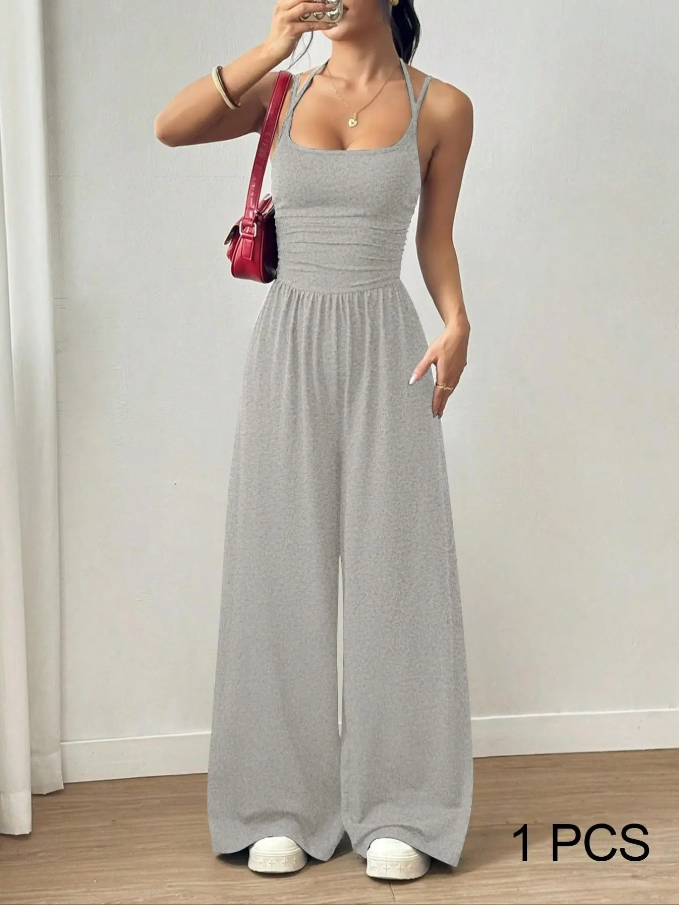 Coquette Simple Solid Sling Sleeveless Wide Leg Jumpsuit loose fit casual romper two colors available great for afternoon tea gatherings suburban walks soft daylight photos and gentle feminine casual looks
