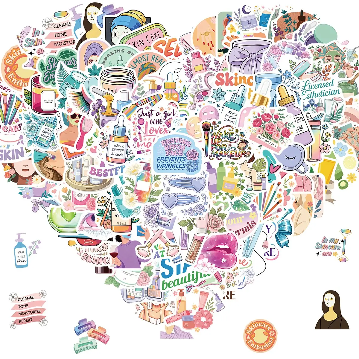 100 Pcs Esthetician Stickers for Laptop, Skincare Stickers, Aesthetic Stickers, Esthetician Party Supplies, Gifts for Women & Men, Perfect Birthday Present