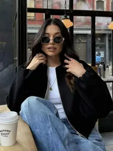 Women's Fall Winter Jacket, Soft Solid Color with Pockets, Zipper Long Sleeve Bomber Coat, Stylish Casual Outerwear for Cold Weather