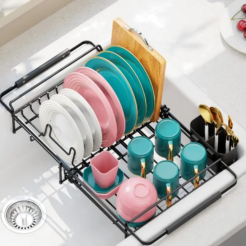 Expandable Stainless Steel in Sink Dish Drying Rack - Adjustable Dish Rack Over Sink, Rustproof Dish Drainer for Kitchen Counter, Dish Strainer with Utensil Holder, Fit Sink for 13"-18"
