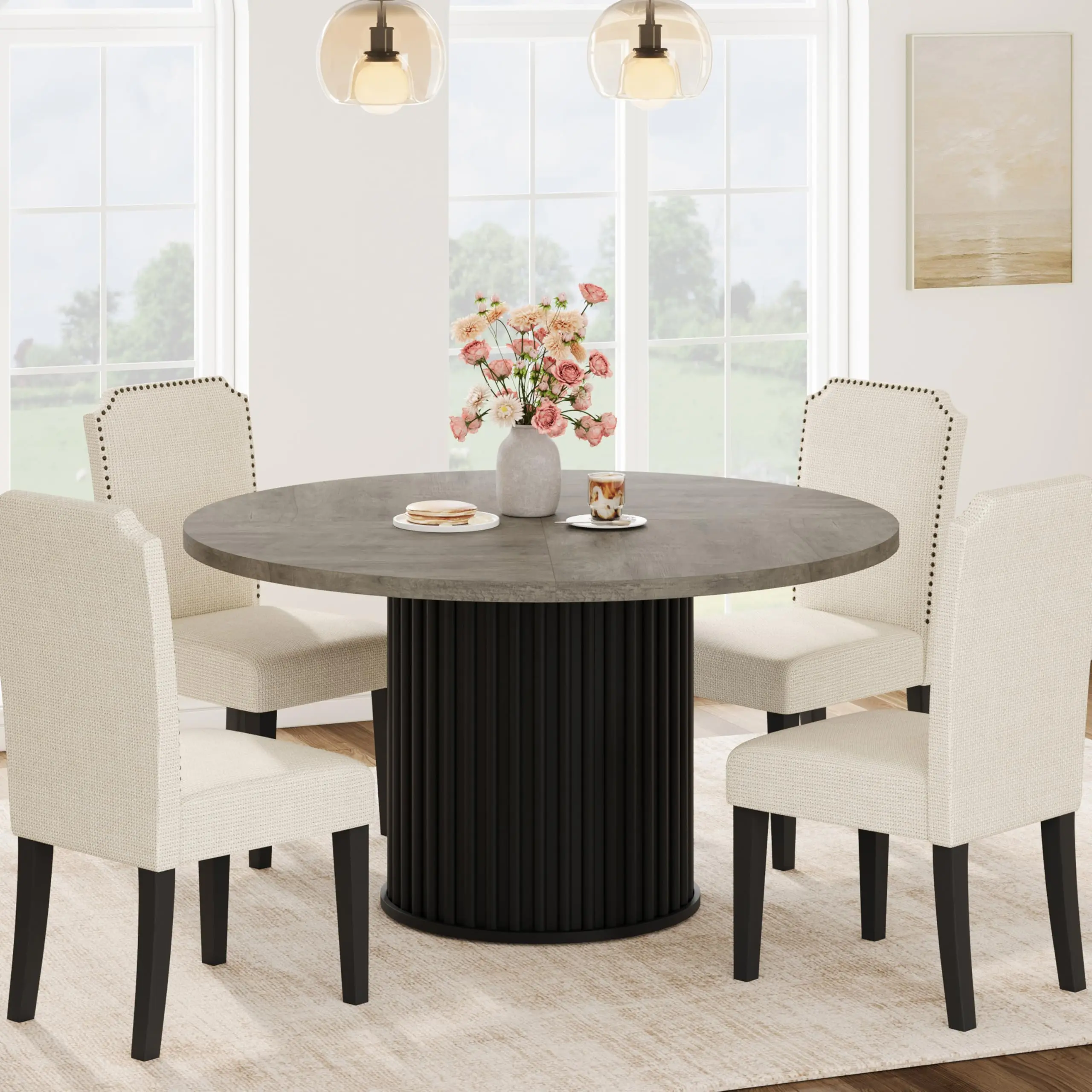 🍽️ 47" Round Dining Table for 4-6 – Waveform Metal Pedestal Base, Farmhouse Circle Kitchen Table for Dining Room & Living Room! ✨