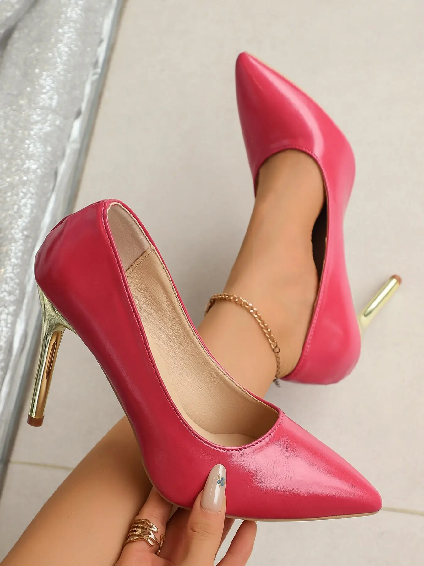 Magenta Pointed Toe High Heel Shoes for Women, Metal Heel Low Ankle Pumps, Elegant PU Leather Casual Party Office Shoes