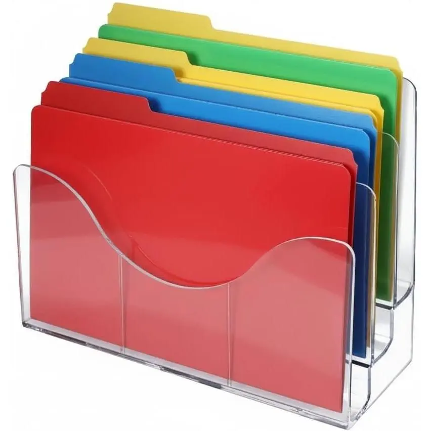 250099 Three Tier File and Brochure Desktop Wall Organizer Holder with Dividers, Brochure Display Stand, Acrylic File Holder, Clear, 8.5" x 11"