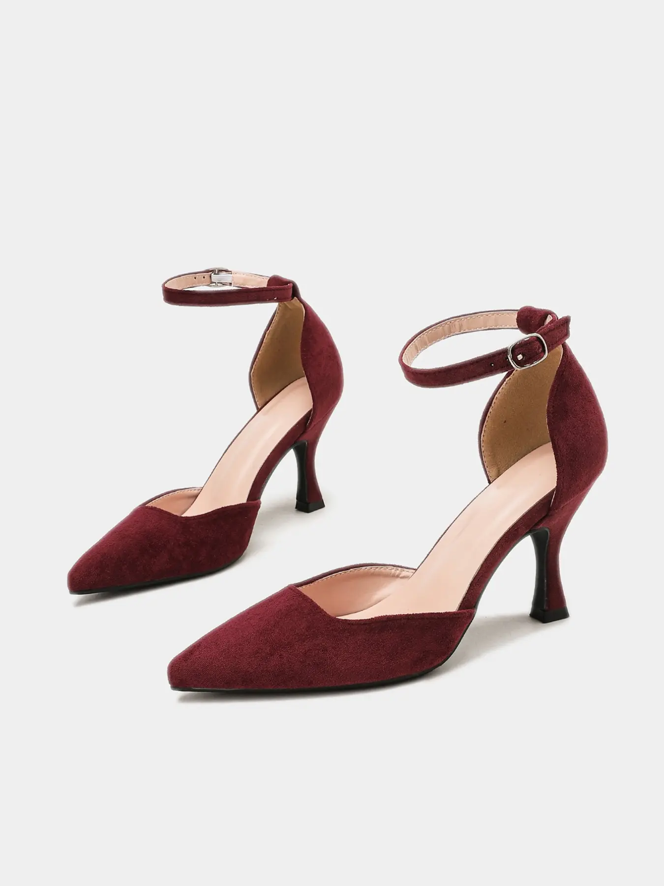 Pointed Toe Hollow Flared Heel Women's Heels, suede upper with adjustable ankle buckle strap. Available in Black, Purple, Coffee and Burgundy. Retro and elegant, great for work, dinner, dating, parties and weddings Footwear