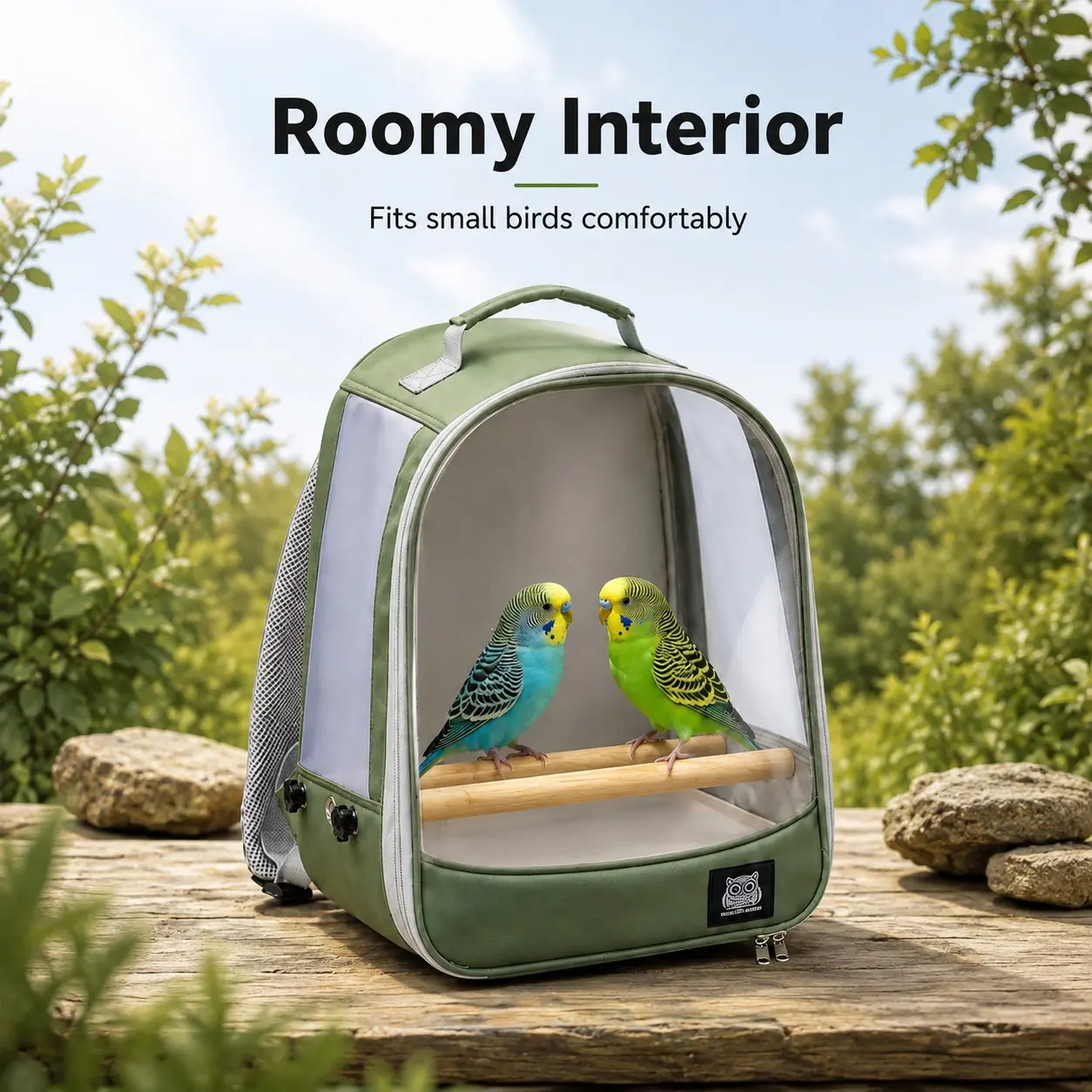 Portable Bird Backpack for Small Birds and Parrots, Wide Dual Zipper Opening, Dual Food Cups, Transparent Window, Breathable Mesh, Perch, Detachable Tray