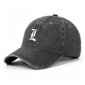Men Women Death Note L Gothic Letter Printed Baseball Cap, Retro Washed Black Adjustable Hat
