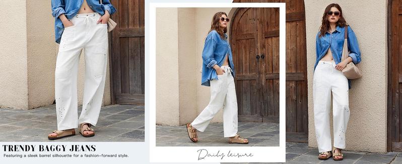 Imily Bela Womens Baggy Barrel Horseshoe Jeans Wide Leg Patchwork Low Rise Denim Pants with Pockets Casual & Formal Style