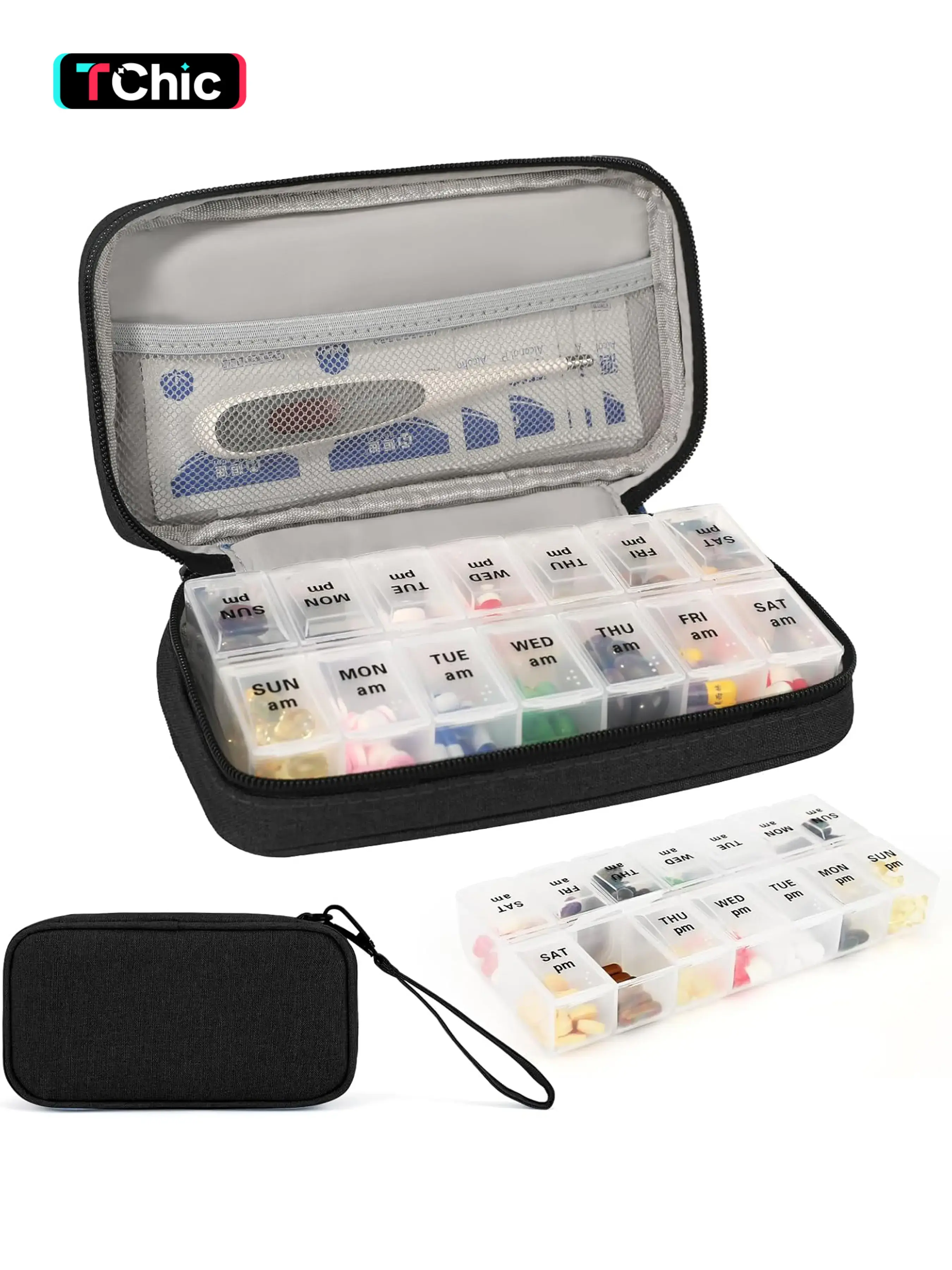 Weekly Pill Organizer 2 Times a Day, Travel Portable Healthcare Pill Box 7 Day with Large Opening, Pill Case with Handle, Pill Dispenser Medicine Organizer for Vitamins, Fish Oils, Medications, Supplements, Medical Organizer