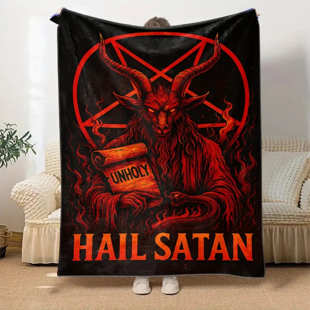 A Gothic Satanic Blanket - a Mysterious Themed Bedspread/Shawl Featuring a Baphomet Pentagram Design, Made of Soft Flannel Fabric, Available in Black, Red, And Orange - The Perfect Choice for Halloween Decorations, Gothic-Style Bedrooms