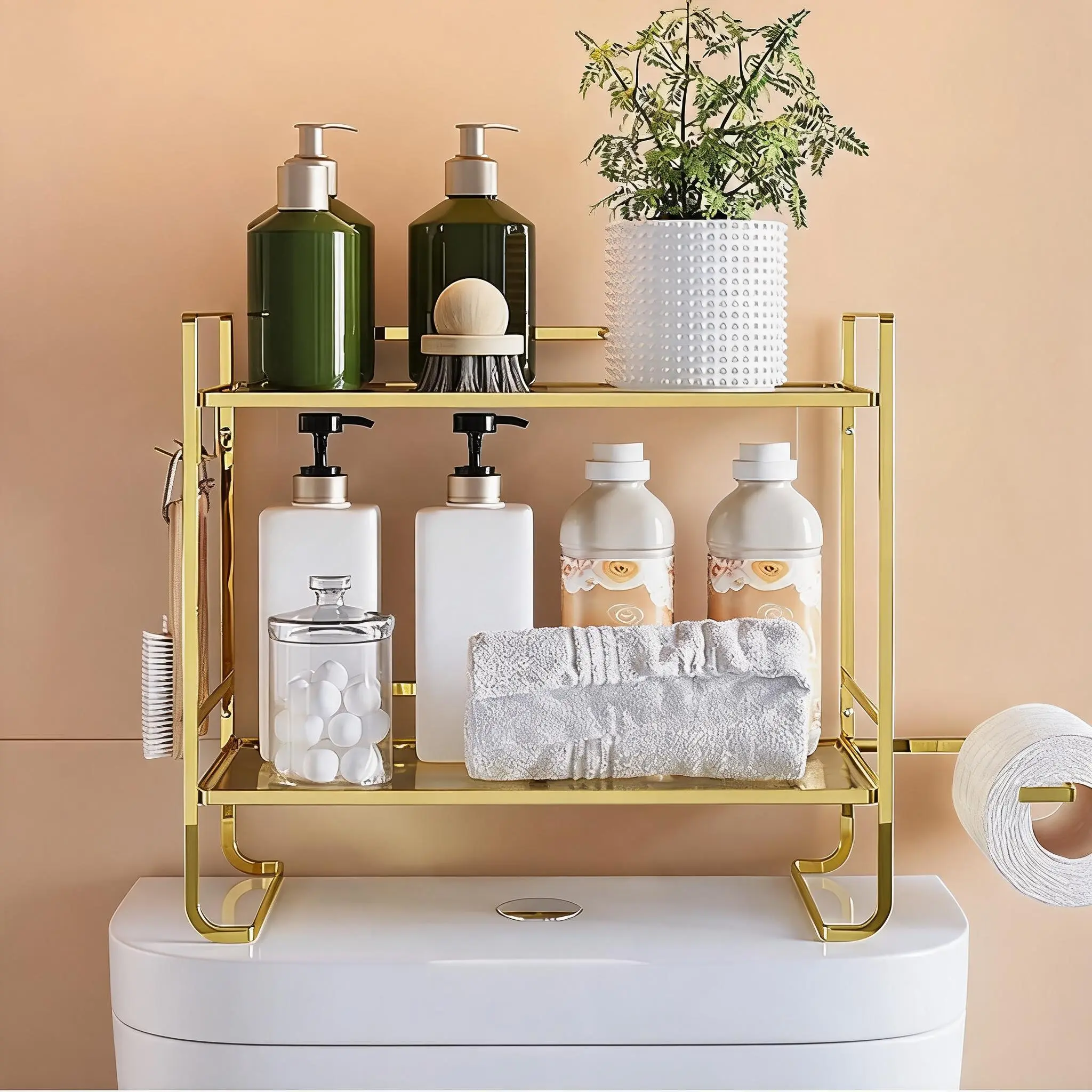 2-Tier Over Toilet Storage Shelf, No-Drill Metal Bathroom Organizer with Paper Holder & Hooks, Silver Wall Mounted Rack for Small Spaces