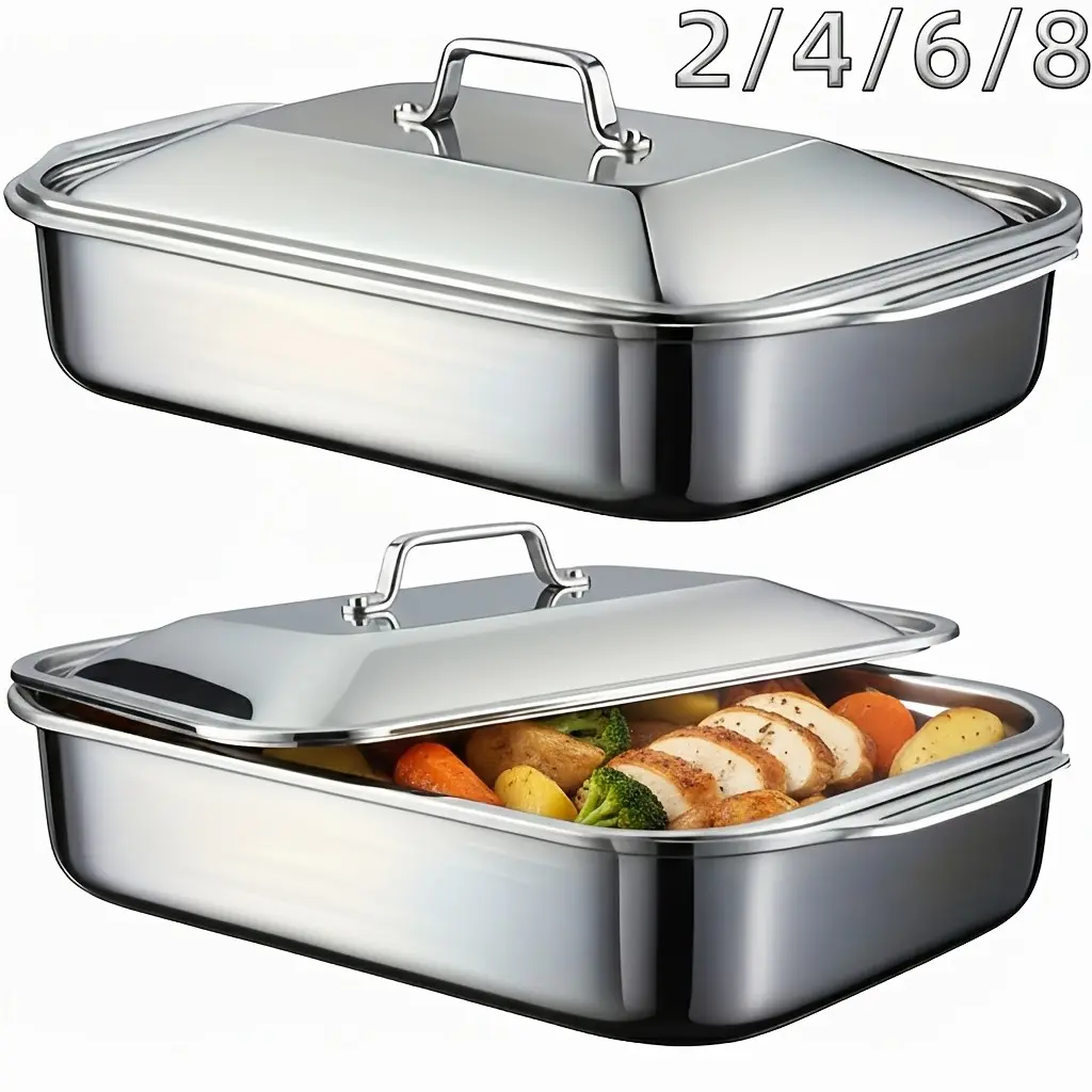 [Heavy Duty Baking Pans] 2/4/6/8pcs Extra Large Heavy Duty Stainless Steel Baking Pans with Lids - Non-Stick, Thick Rectangular Oven Trays for Desserts, Bread, And Seafood - Perfect for Bbqs, Buffet Serving Trays