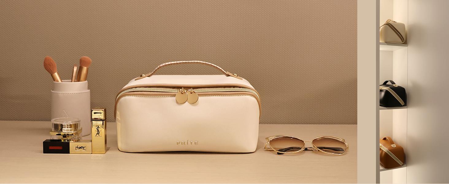 Prite Makeup Bag for Women Travel Waterproof Vegan Leather Cosmetic Bag Open Flat Toiletry Bag With Clear Divider and Handle (Beige)