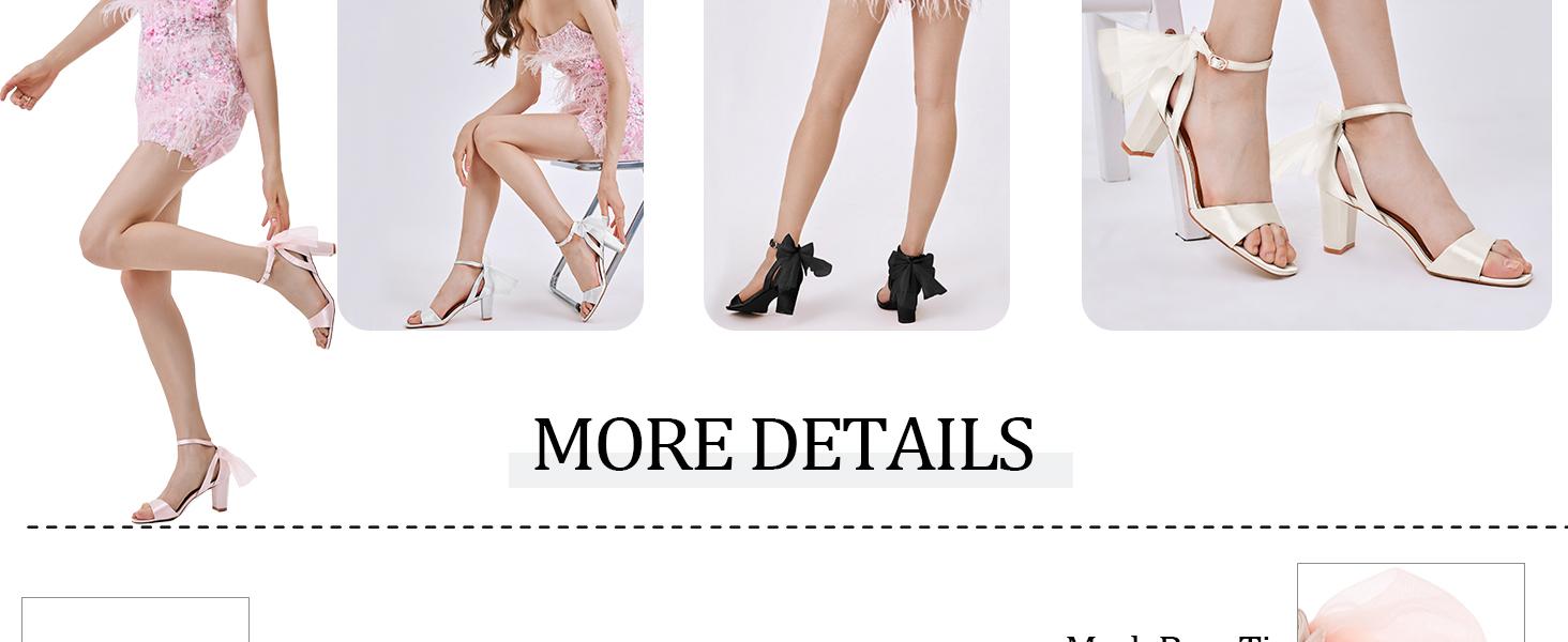 Coutgo Women's Bow Tie Heeled Sandals Chunky Heels One Strap Satin Ankle Buckle Dress Wedding Shoes