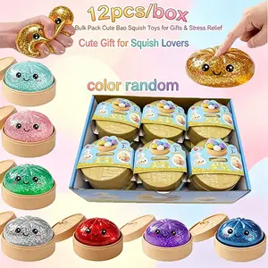 12 piece set - Colorful Golden Powder Steamed Bun Pinch Music with Steamer Storage, Children's Puzzle Squeezing Toy, Desktop Ornament, Children's Festival/Birthday Gift, Stress Relieving Item, Squishy Fun Set - Color Random
