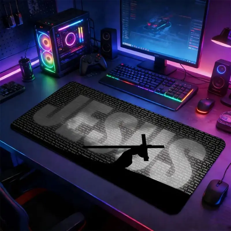 Rectangular Jesus Text & Cross Silhouette Large Computer Mouse Pad, Non-Slip Rubber Base Desk Matt, Stitched Lock Edge, Devotional Religious Art Design, Durable Gamer Stuff for Home & Gaming Setup, Gift for All Ages Christian Faith Fans, Mouse Accessory