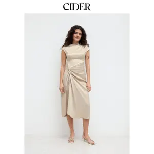 Cider Satin Asymmetrical Neck Twist Split Midi Dress