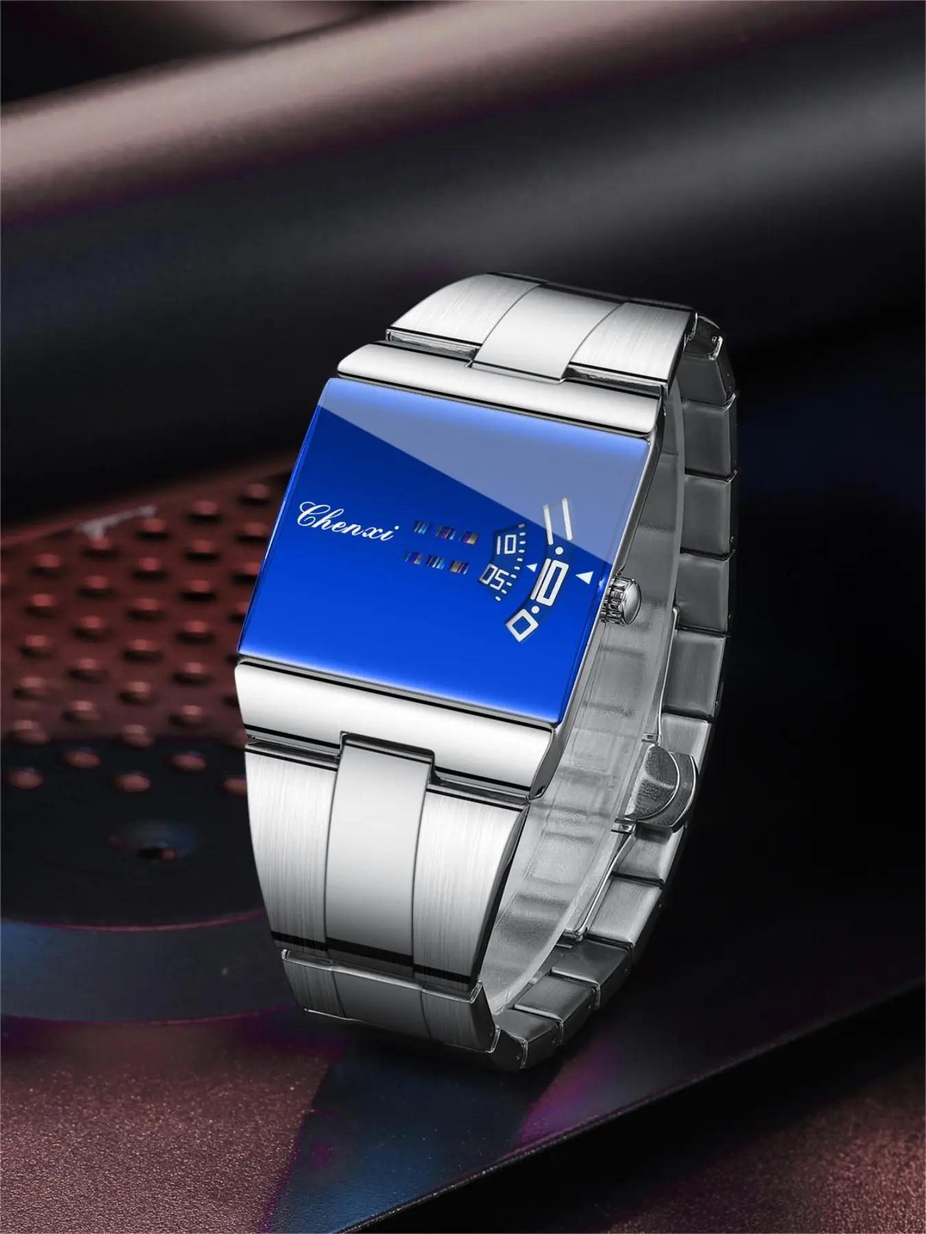 Chenxi CX-605 Men Square Quartz Watch, 36mm Dial Mineral Reinforced Glass, Stainless Steel Strap with Double Butterfly Buckle, Alloy Case Life Waterproof Business Casual Wrist Watch Gift for Husband Boyfriend