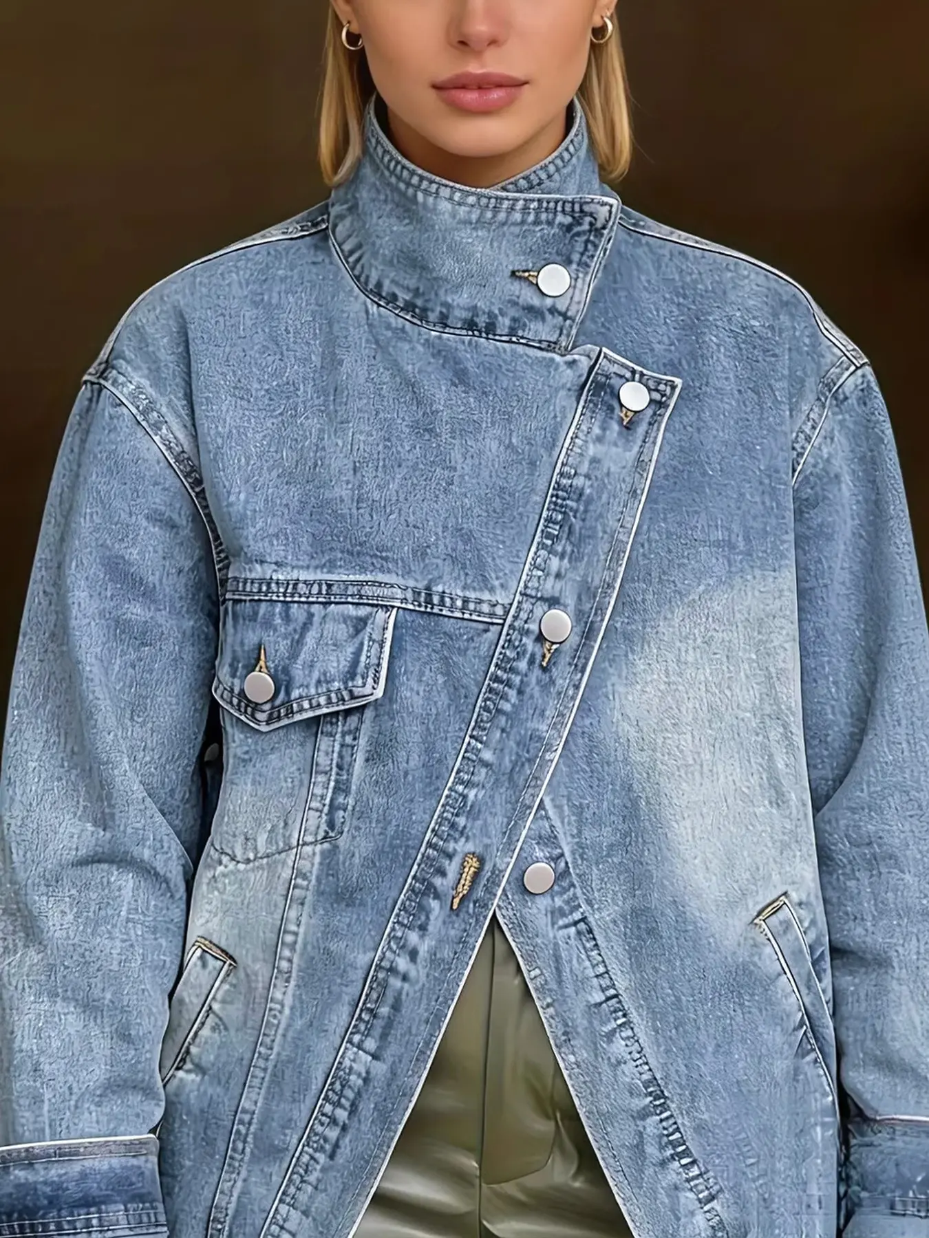GILIPUR Women Oblique Button Stand Collar Denim Jacket Acid Wash Oversized Loose Fit Long Sleeve Jean Coat Multi‑Pocket Streetwear Outerwear For Ladies Multiple Colors TChic