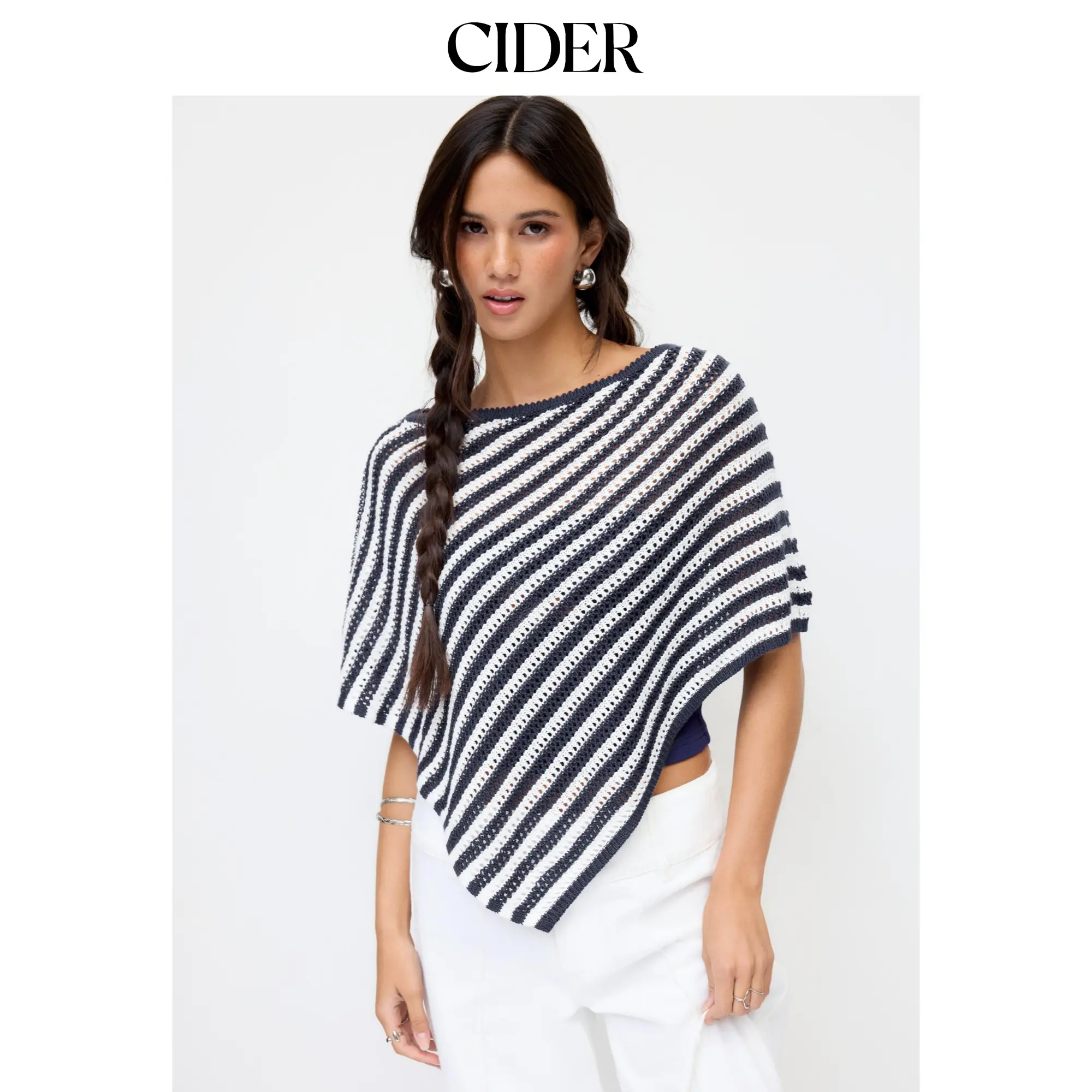 Cider Knit Striped Asymmetrical Hem Oversized Poncho Top