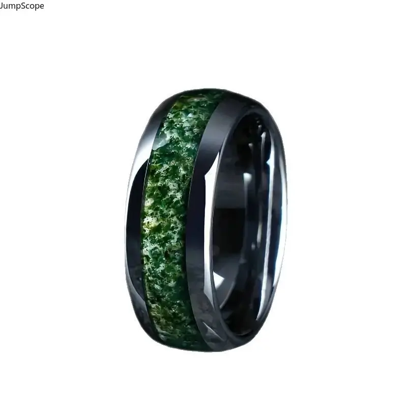 Couple's Promise Matching Ring with Natural Moss Agate Inlaid, Silver Wide Domed Band for Outdoor Adventure, Meaningful Sentimental Gifts, Inlay, Unisex Couple, Classic Band