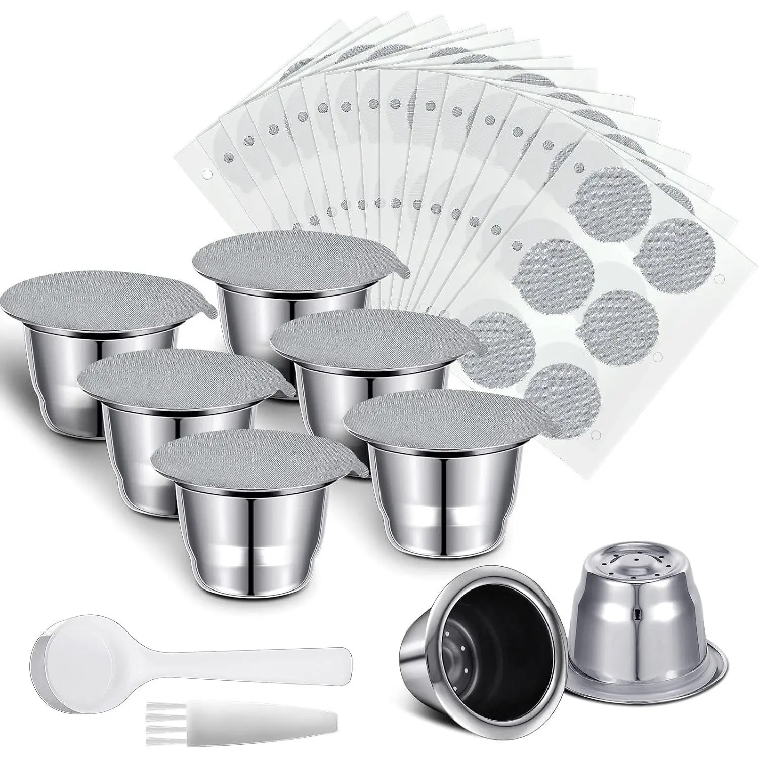 Reusable Espresso Capsules Stainless Steel Refillable Coffee Pods Reusable Espresso Pods with Aluminum Foil Seals Stickers Lids Compatible with Nespresso Machines (6 Cups, 204 Lids)