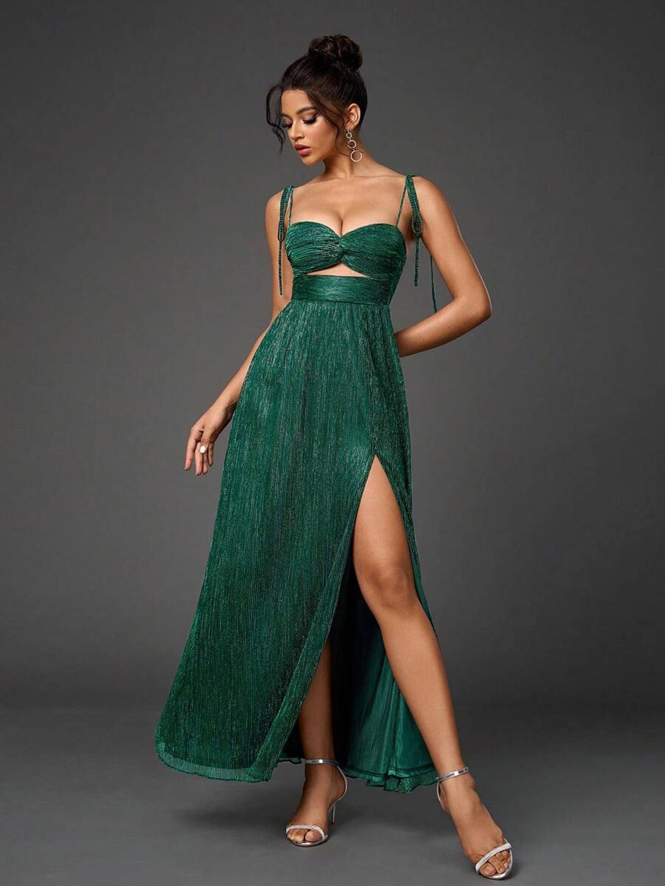 Women's Glitter Open Bust Cami Bridesmaid Dress, Elegant Sleeveless Split Hem Long Dress for Party Wedding Guest, Ladies Clothes for All Seasons, Womenswear