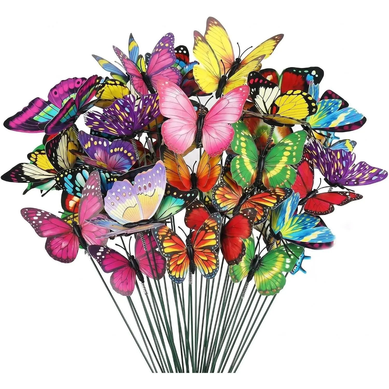 Butterfly Garden Stakes Decorations 50 count Colorful PVC  Butterfly Stakes 3.5" Butterfly with 10" Poles Flexible Spring Design for Indoor/Outdoor Christmas Garden Decoration