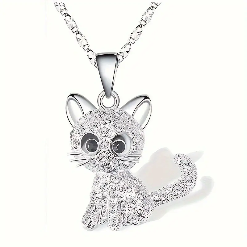 Cute Cat Pendant Through a Mirror Simple Cartoon Colorful Personalized Animal Cat Necklace with Diamonds for Women