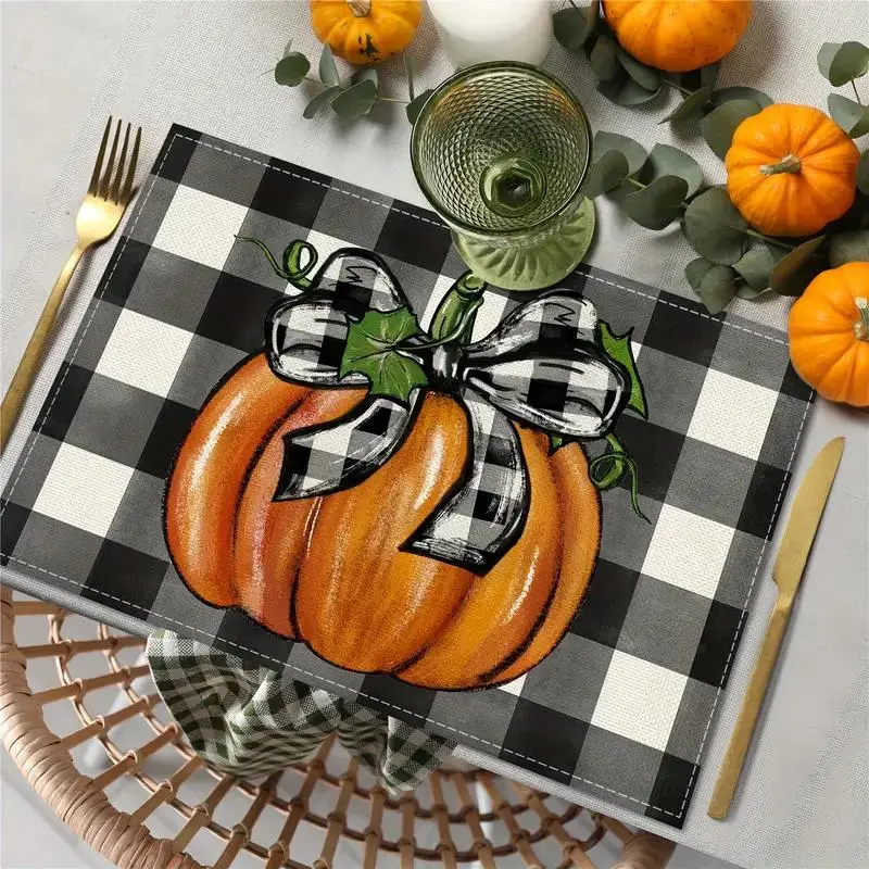 Hand-Painted Watercolor Pumpkin Placemat, Woven Linen Blend, Hand Wash Only, Rectangular, Ideal for Fall Restaurant Decor