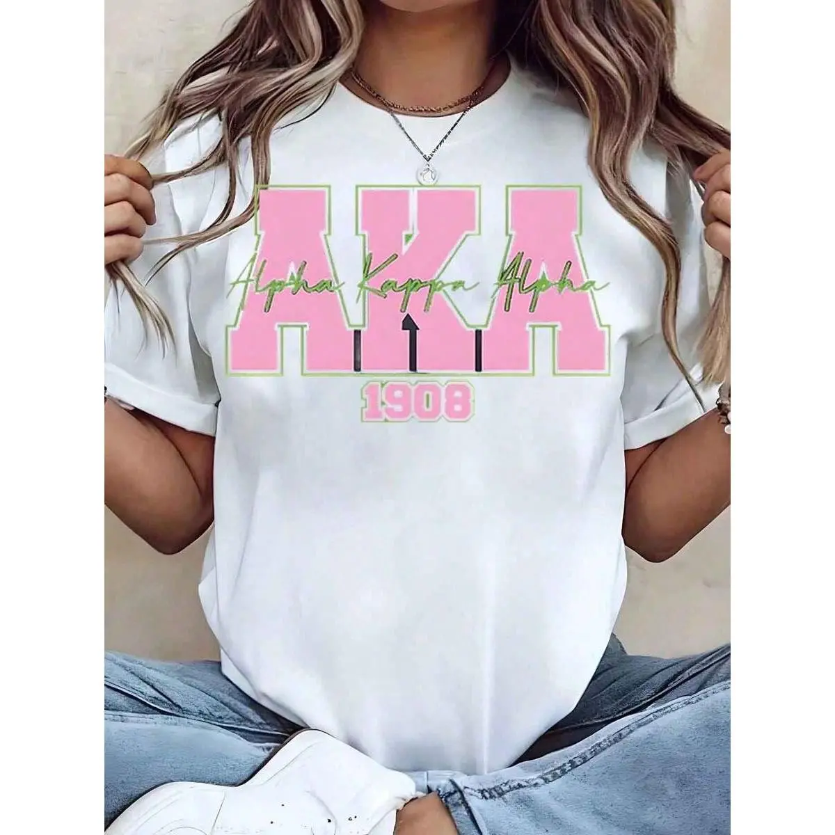 Women's 2026 Summer Cotton Regular Cute Short-Sleeve T-Shirt - Loose Round Neck Sports Top, Alpha AKA 1908 Sorority Print, School College Student Apparel, Comfortable Fit, Party Gift, Shortsleeve, Tshirt, Cotton Fabric, Loose Fit, All Over Print, Relaxed,