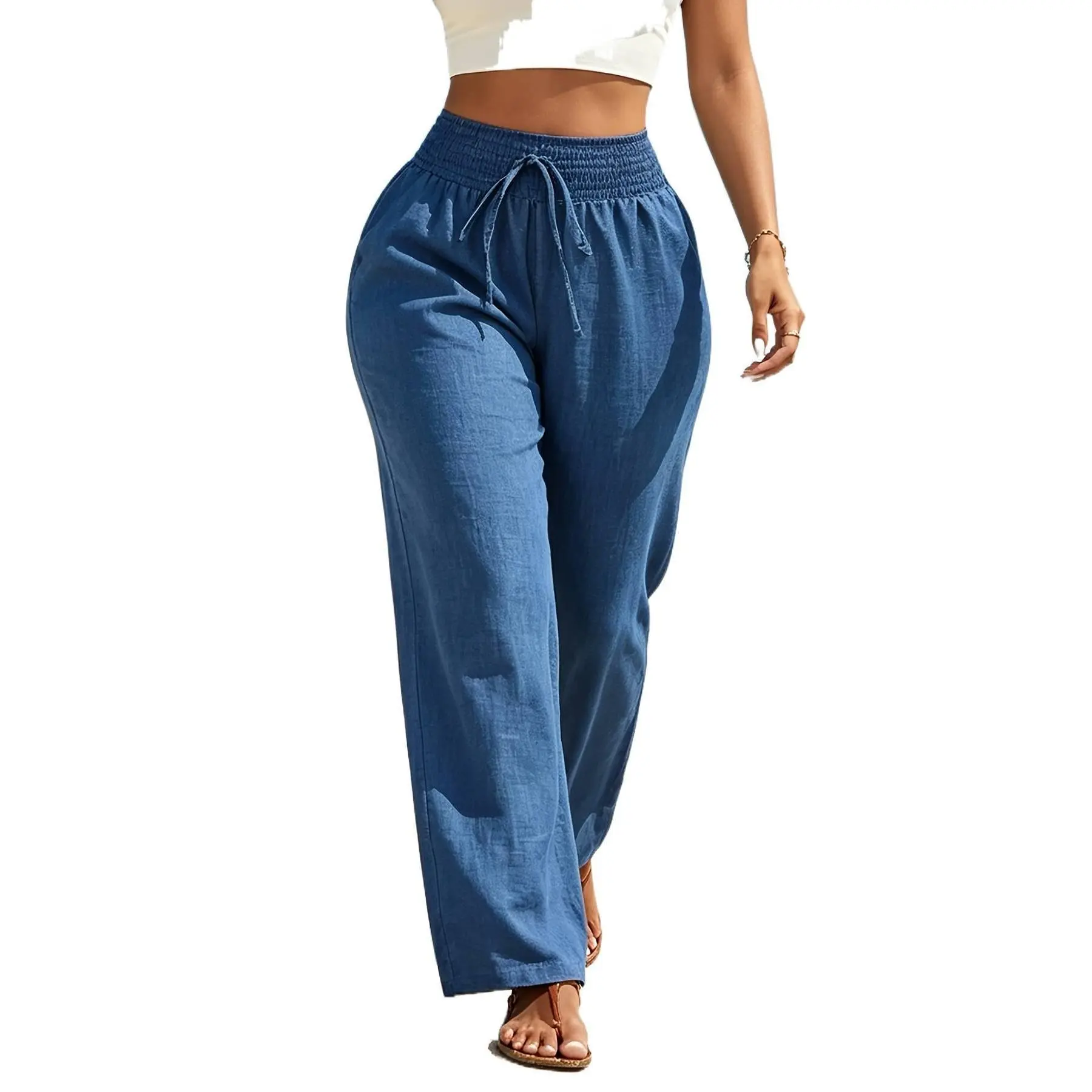 Women Casual Four-Season Wide Leg Long Pants, Flowy High Waist Elastic Waist Trousers, Beach Travel Vacation Outfits