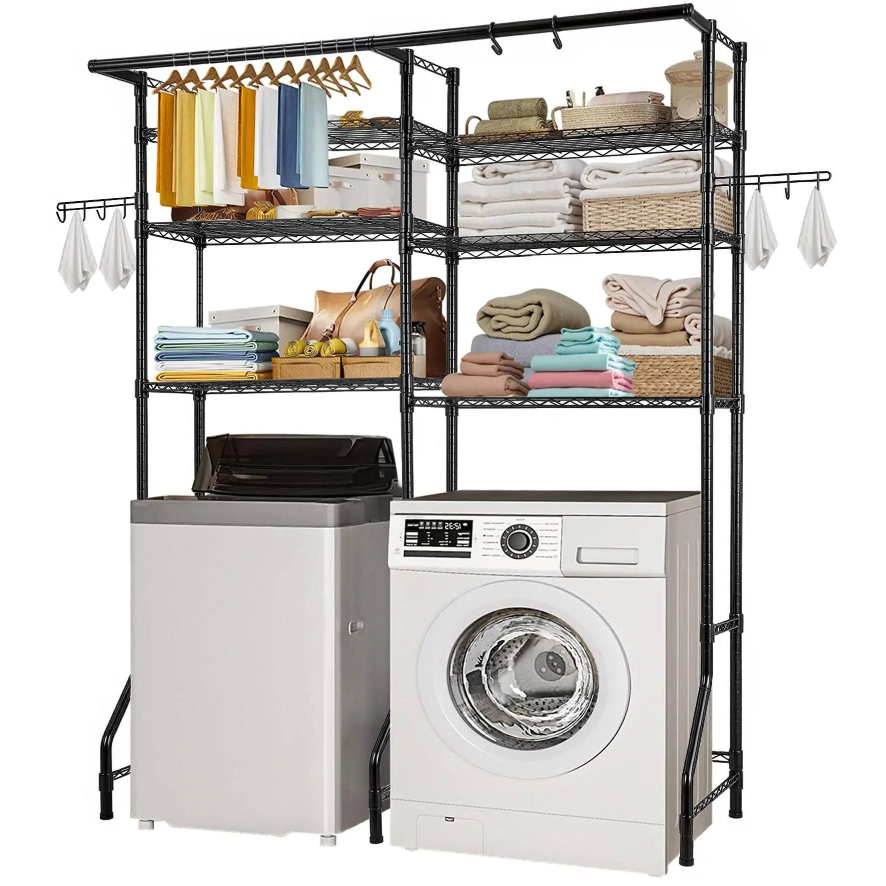 VEVOR Over Washer and Dryer Storage Shelves, 6 Tiers Laundry Room Drying Rack with Hanger Rod and Hooks, Two Rows Adjustable Washer Shelves Space Saver, for Laundry Room Storage Organization, Black
