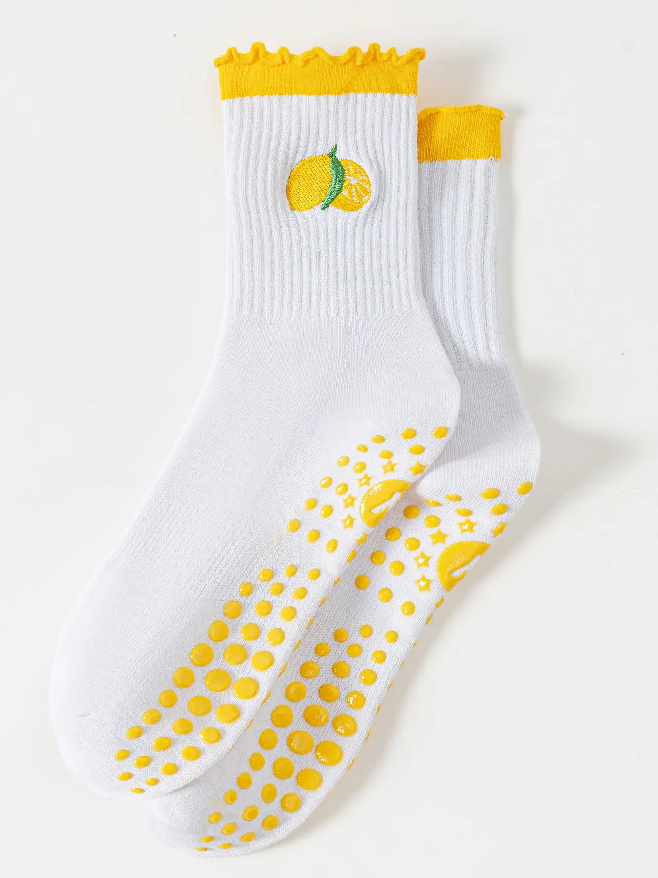 Women Non Slip Pilates Socks, Ruffled Cuff Embroidery Lemon Yoga Socks, Anti Grips Barre Fitness Workout Mid Crew Socks, Gym Training Socks